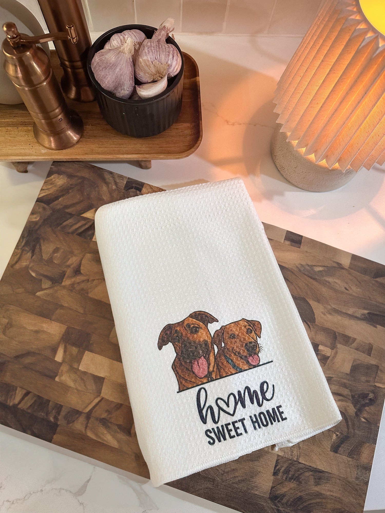 Custom kitchen towel with pet design, handcrafted and personalized for dog and cat lovers