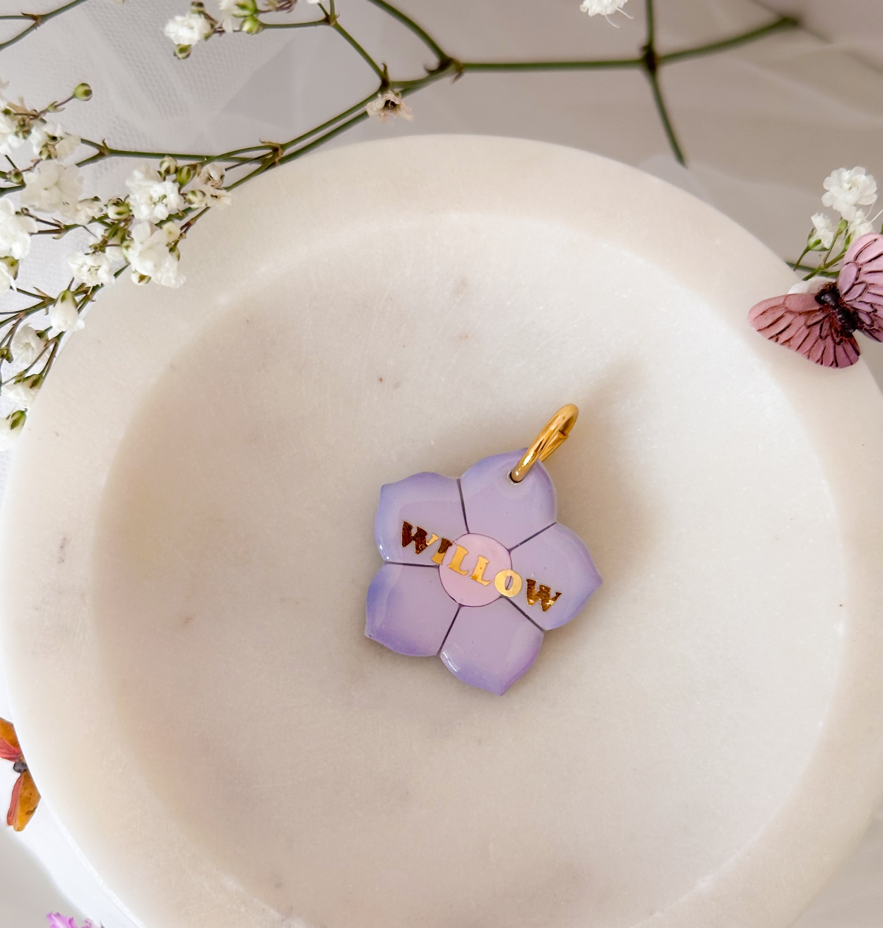 Purple flower-shaped pet id tag
